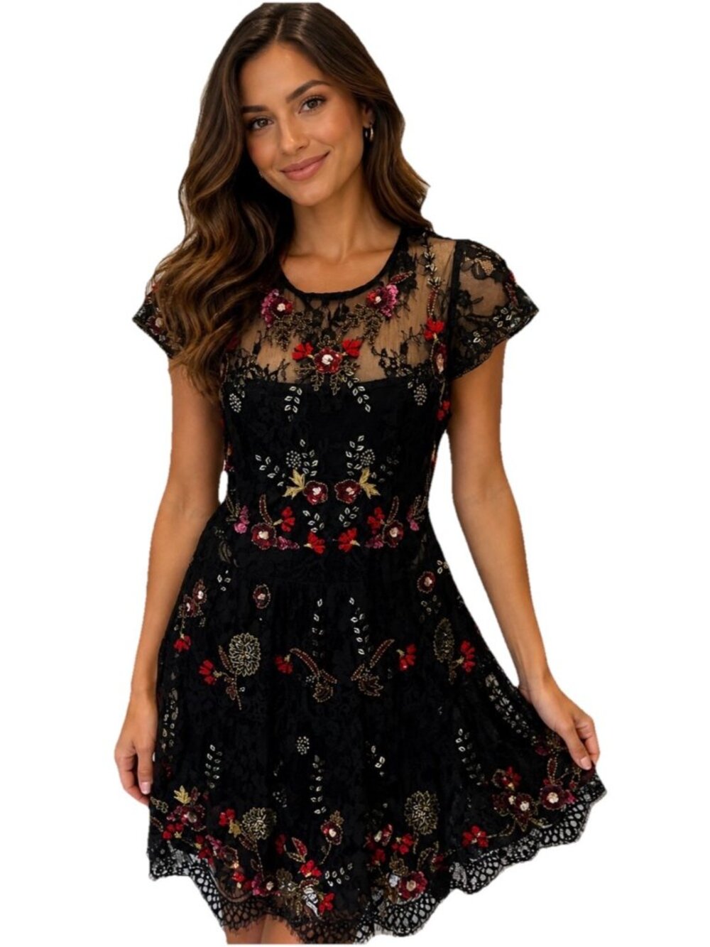 Parker Janina Black Embroidered Sequin Lace Mini Dress